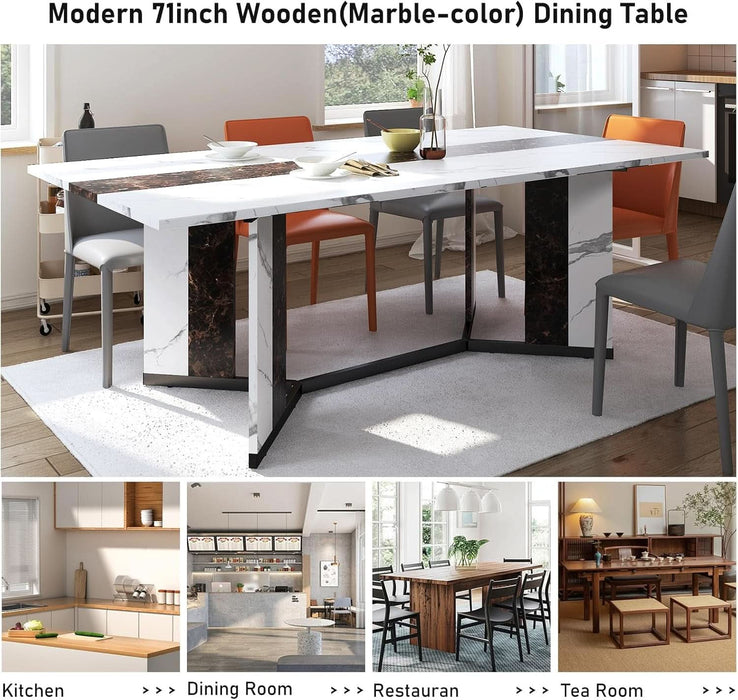 71In Large Rectangular White Dining Table for 4 5 6 7 People W/35In Marble-Color Wood Watrproof Tabletop,Adjustable Leg.6Ft Luxurious Family Dinner Table for Home Kitchen Living Room