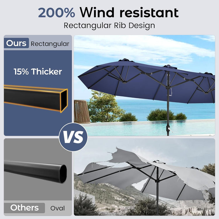 15Ft Patio Umbrella with Base,Large Outdoor Double-Sided Rectangle Umbrella with Crank Handle, Market Umbrella for Poolside Garden Deck Backyard Beach Pools, Navy Blue