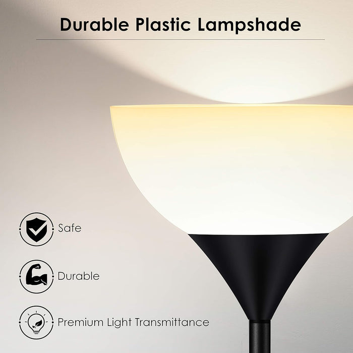 Floor Lamp, Standing Lamp, Torchiere Floor Lamp with Adjustable Reading Lamp, 71" Tall Pole Lamps, 3 Way Switch, Plastic Lampshade, Corner Floor Lamps for Living Room, Bedroom(E26 Base, No Bulb)-Black