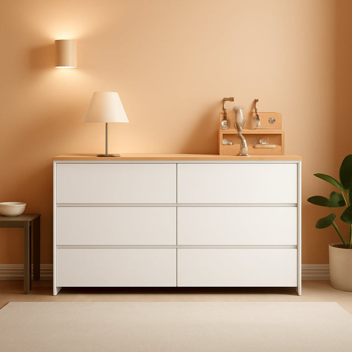 White FortySevenInch SixDrawerStorage DresserWoodTop