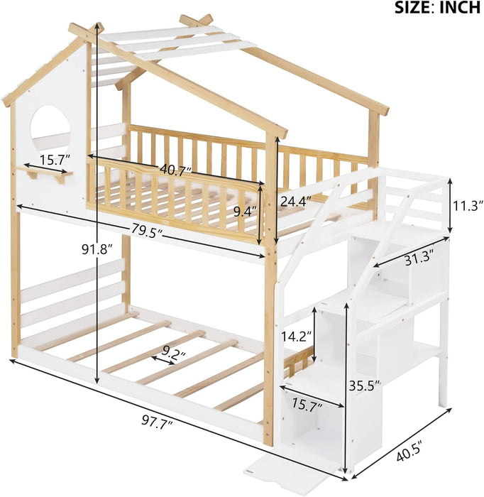 Twin over Twin House Bunk Bed with Storage Stairs, Wood Playhouse Bunk Bed Frame with Stairway and Guardrail for Kids Girls Boys, Natural+White