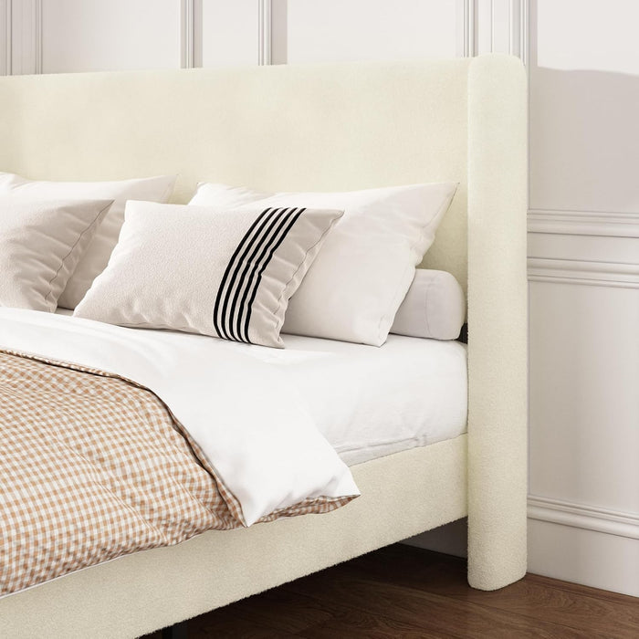 Queen Bed Frame, Boucle Upholstered Platform Bed with Iron & Wood, Beige