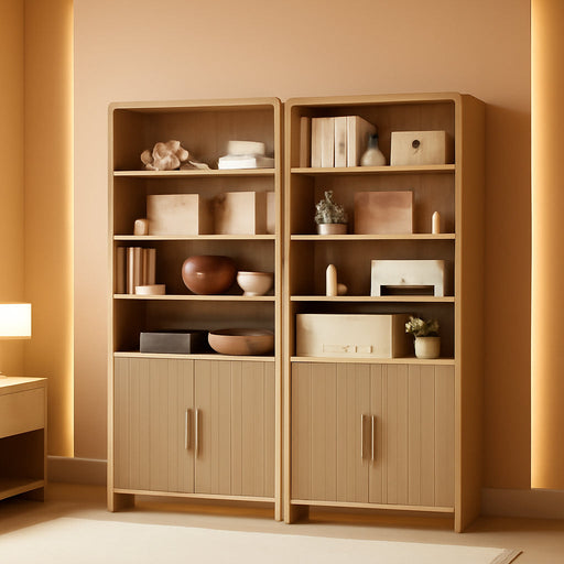 71" Modern Bookcase Set of 2 with Storage Cabinet & Fluted Doors | 6-Tier Bookshelf with 3 Adjustable Shelves, Wood Curved Display Cabinet for Living Room, Dining Room, Home Office, Natural
