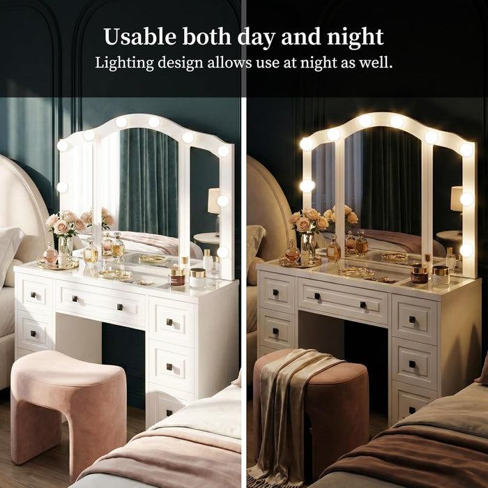 White Lighted Vanity Desk, Tri-Fold Mirror, 5 Drawers, Outlets | Retro Dressing Table with Lights, 5-Drawer Vanity Desk for Women & Girls, Vintage with Glass Top,Hair Dryer Holder