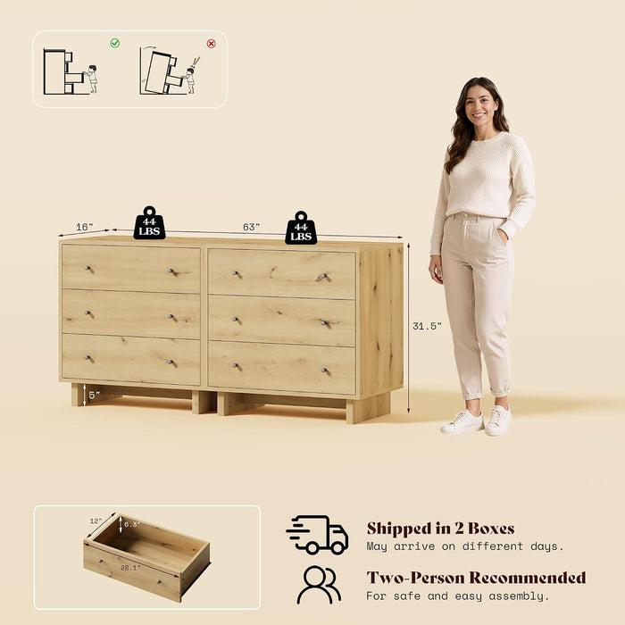 6 Drawer Dresser, 63In Wood Dresser for Bedroom, Oak Dresser Drawer