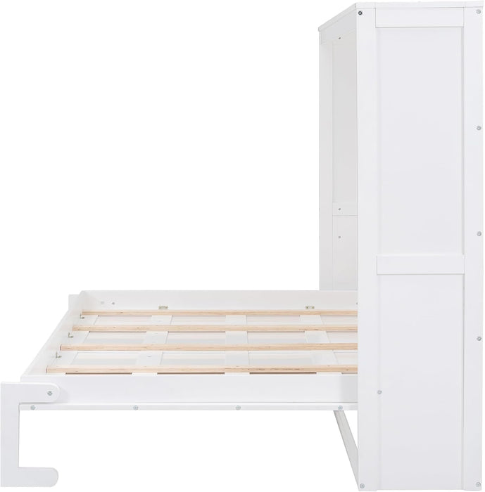 Modern Farmhouse Solid Wood Murphy Bed Chest, Wall Bed with Wood Slat Support/No Box Spring Needed/Space Saving/Queen,White