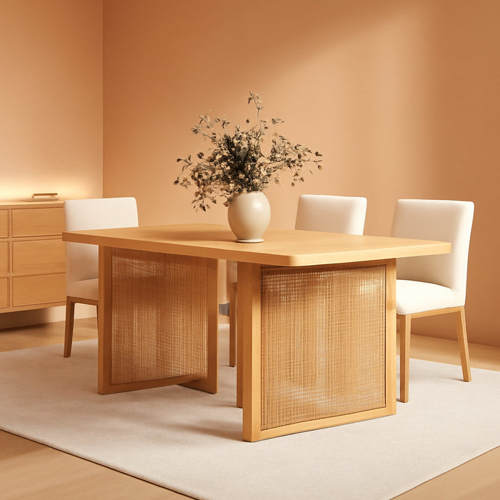 Willow Boho Dining Table for 6 with Solid Wood Legs, 6-Person Natural Wood Dining Table, Warm Pine or Brown Dining Table with Bohemian Rattan Accent