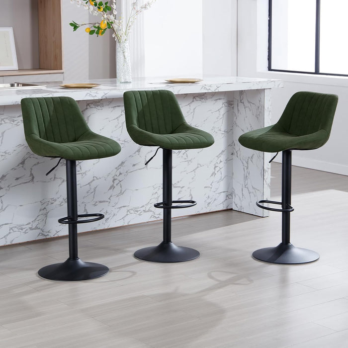 Faux Leather Adjustable Bar Stools Set of 3, Modern Swivel Barstools with Back, Black Metal Base and Footrest, Upholstered Armless Bar Chairs for Kitchen Island/Dining/Pub, Green