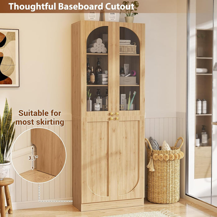 80" Arched Bookcase with Tempered Glass & Soft Close Doors, 2 Set | Tall Bookshelf with Storage, Wooden 6-Tier Pantry Cabinet with Seamless Fit Wall for Home Office, Living Room, Kitchen
