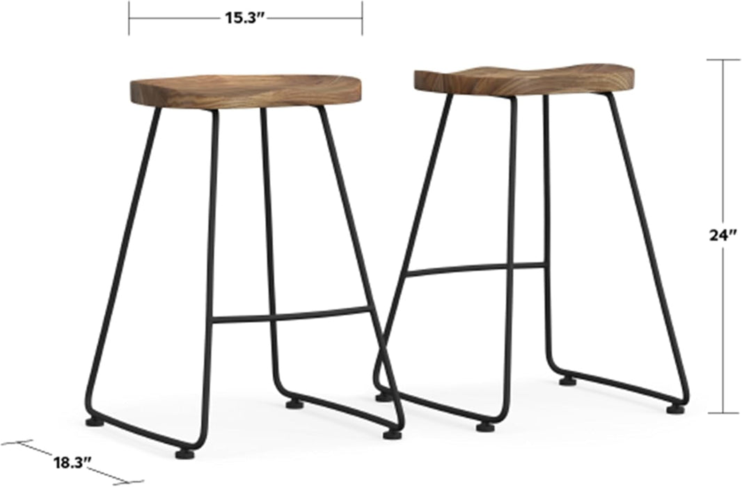 Amberly Rustic Metal 24 Inch Saddle Counter Height Stool (Set of 2) in Natural/Black, for the Dining Room and Kitchen - ShipItFurniture