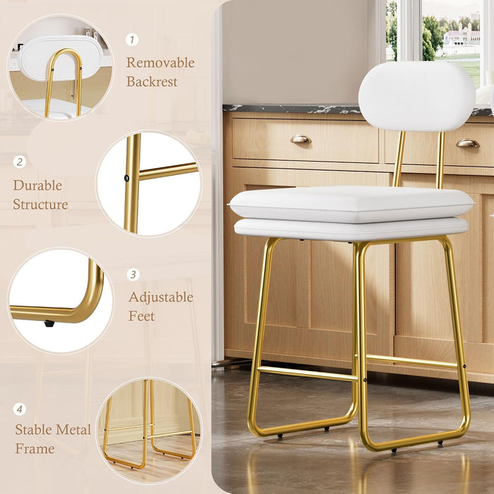 Bar Stools Set of 4, Counter Height Barstools with Removable Backrest, Padded Seat and Metal Legs, PU Leather Upholstered Bar Chairs for Kitchen, Island, White