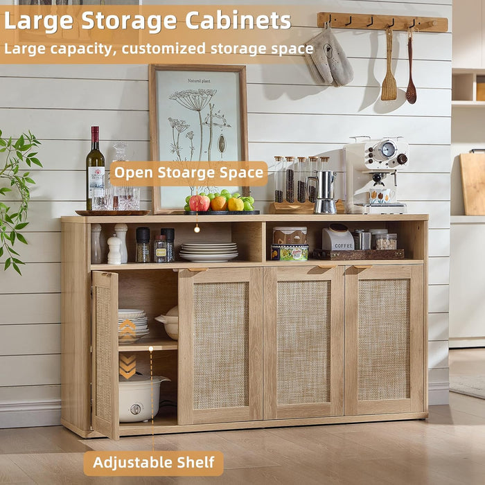 Rattan Sideboard Buffet Cabinet,55" Coffee Bar Cabinet with 4 Doors & Open Storage Shelf,Modern Credenza Console Table for Living Room Rattan Farmhouse Entryway Natural