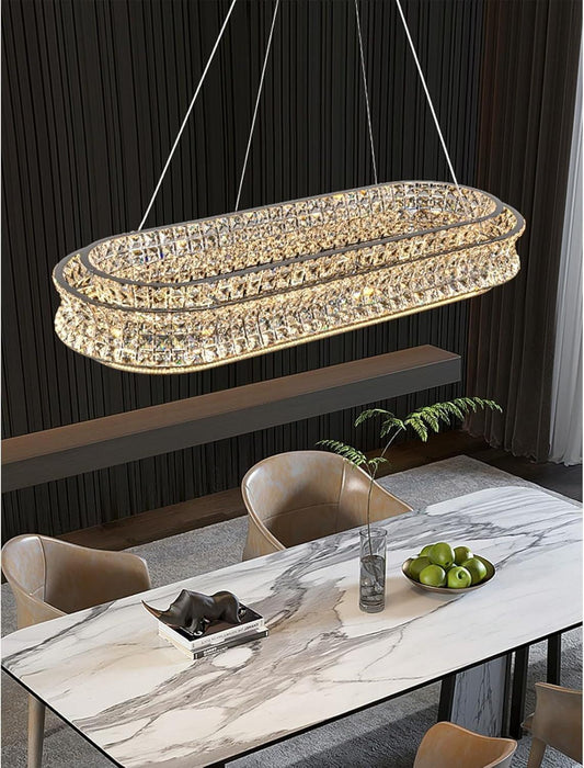 47" LED Rectangle Chrome Crystal Chandeliers for Dining Room, Rectangular Modern Crystal Oval Kitchen Chandelier, Dimmable LED Light Fixture with Remote, for Dining Room, Kitchen Island, Bar