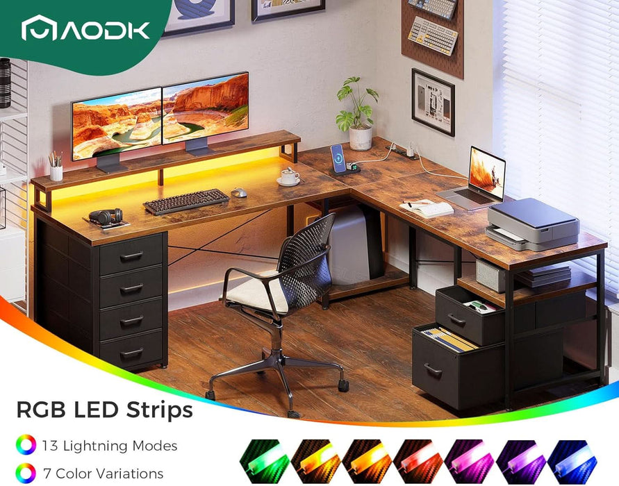 L Shaped Computer Desk With LED Lights & Power Outlet – 66.9" Rustic Brown, Home Office