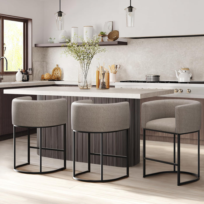 Counter Height Bar Stools Set of 2, 24 Inch Seat Height Barstools for Dining Room, Fabric Upholstered Bar Chair for Kitchen Island, Linen Counter Stools with Metal Legs, Sand