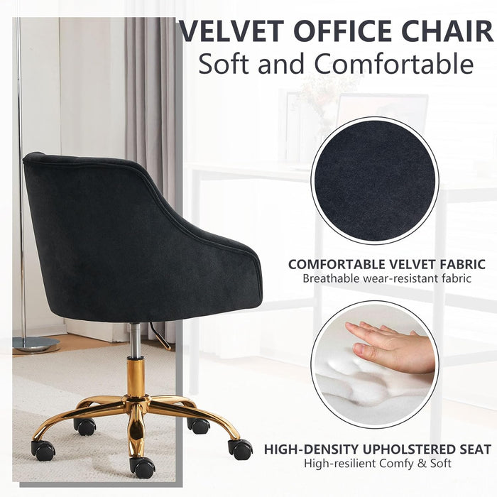 Velvet Office Swivel Chair, Vanity Chair, Fabric Desk Chair, Pretty Fancy Chair, Gold Office Chair for Girls, 360°Swivel Height Adjustable Reception Chair (Black)