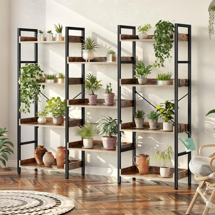 Bookshelf 4 Tiers with 4 Hooks, Triple Bookcase with Open Display Shelves, Industrial Wide Bookshelf with Metal Frame for Living Room, Office, Rustic Brown