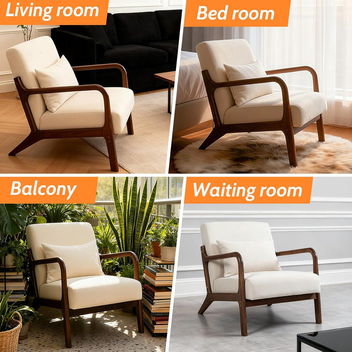 Modern Accent Chair, Cotton Linen Fabric Upholstered Lounge Armchair with Solid Wood Frame for Living Room, Bedroom, Reading Nook (White-Dark Brown Armrest)