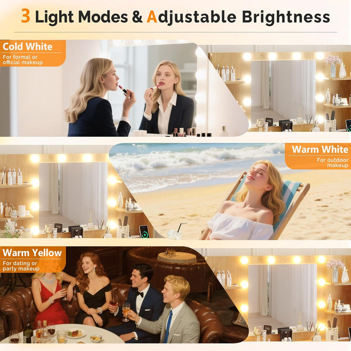 Fluted Makeup Vanity Desk with Mirror & Lights & Power Outlet, Small Vanity Table W/ 7 Drawers & 4 Storage Shelves,Oak Modern Dressing Table Set Charging Station for Bedroom