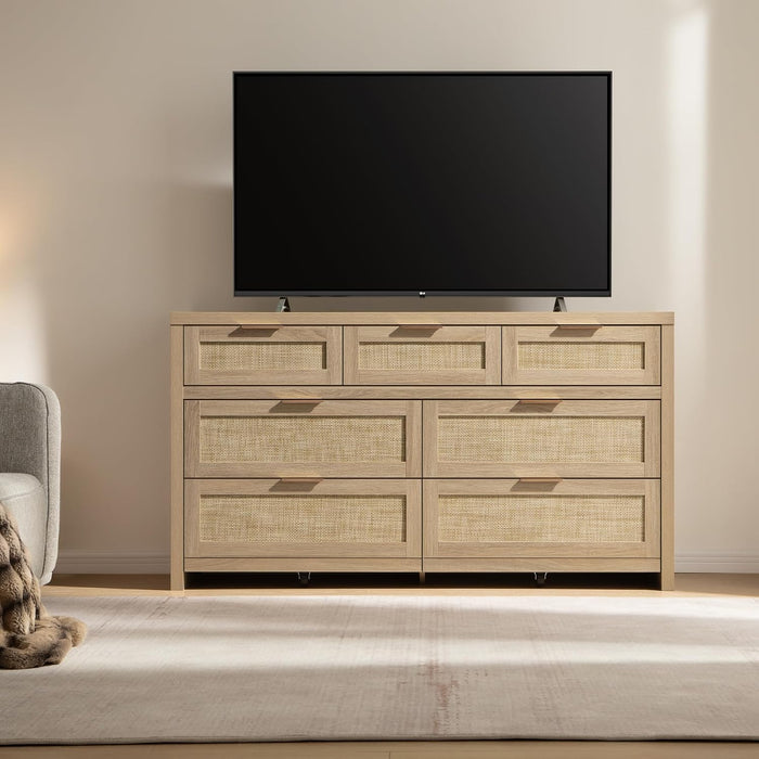 7 Drawer Rattan Dresser for Bedroom, 57" Wide Dresser