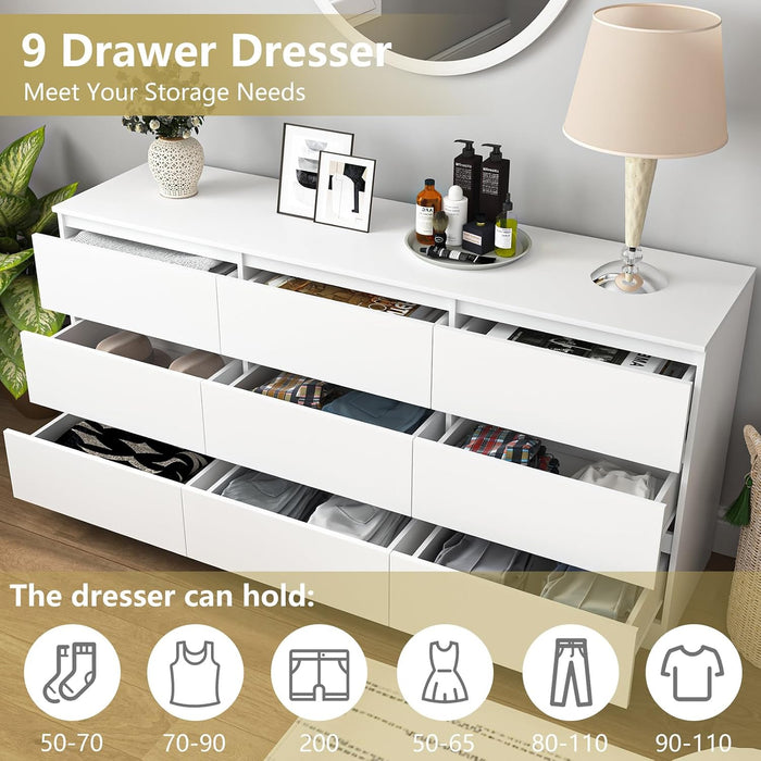 White 9 Drawer Dresser for Bedroom,Modern Deep Drawer Dresser with No-Handle Design,Wide Storage Chest of Drawers,Wood Bedroom Storage Organizer Furniture for Closet,Hallway