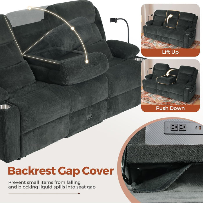 3 Seater Recliner Sofa, Manual Reclining Couch with Flip Middle Backrest, Phone Holder, Side Pocket, Drawer, Power Outlet, Reclining Sleeper for Living Room, Home Theater & RV (Textile - Gray)