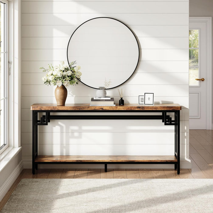 70.9" Long Console Table, 2-Tier Long Narrow Console Table behind Couch for Display with Central Support Frame, Industrial Long Entryway Table for Entryway and Living Room