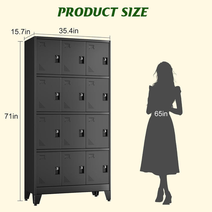 12 Doors Metal Storage Lockers Cabinet for Employees,71" Employees File Storage Locker Cabinets with 12 Lockable Doors and Lock,Tall Steel Looker Cabinet for Gym, School,Office,Stuff,Black