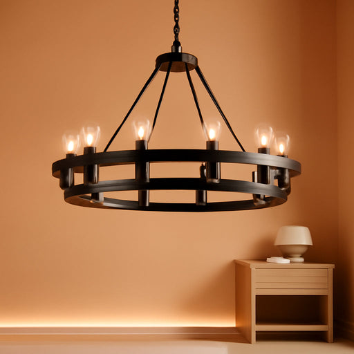 Black Wagon Wheel Chandelier for Dining Room - 12 Light 31.5 Inch round Rustic Farmhouse Ceiling Light Fixture with Adjustable Height, Vintage Industrial Chandelier for Entryway, Living Room, Foyer