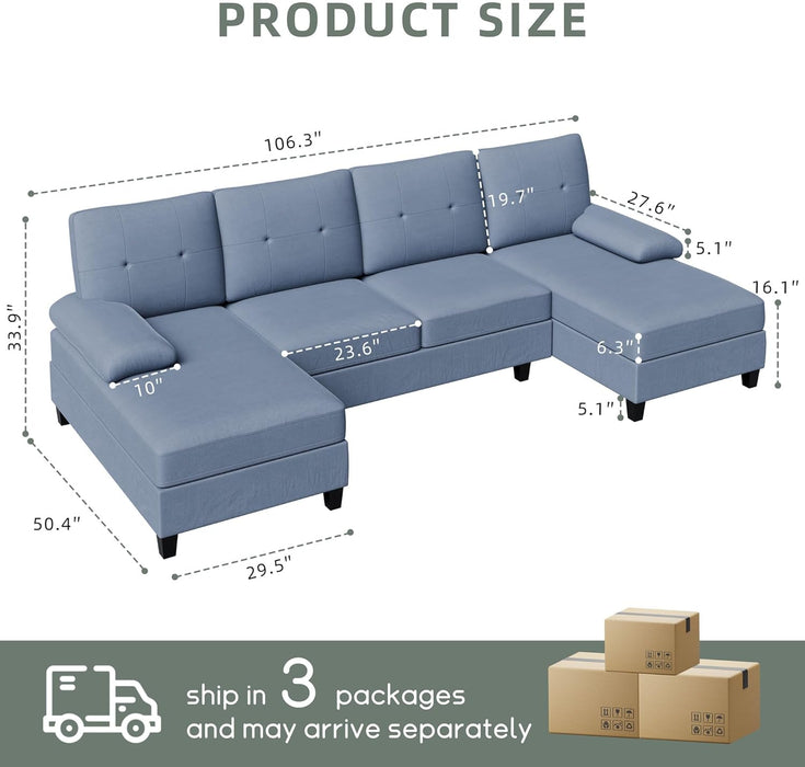 U-Shaped Sectional Sofa with Double Chaise, 4-Seat Linen Fabric Living Room Furniture Set, High-Density Cushions for Ultimate Comfort & Modern Style, Blue