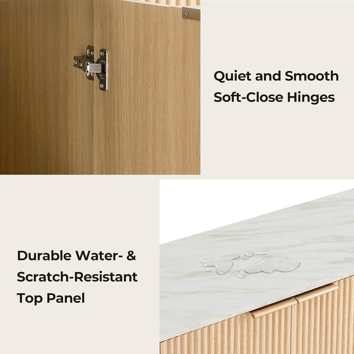 61" Sideboard Buffet Cabinet with Storage, Living Room Accent Cabinet with Doors and Adjustable Shelves, for Bar, Kitchen, Oak - Faux Marble