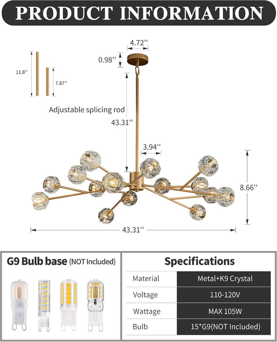 Gold Sputnik Chandeliers for Dining Room Light Fixture over Table, Modern Crystal Chandeliers, 43" 15 Lights Gold Lighting Fixtures for Living Room Kitchen Island