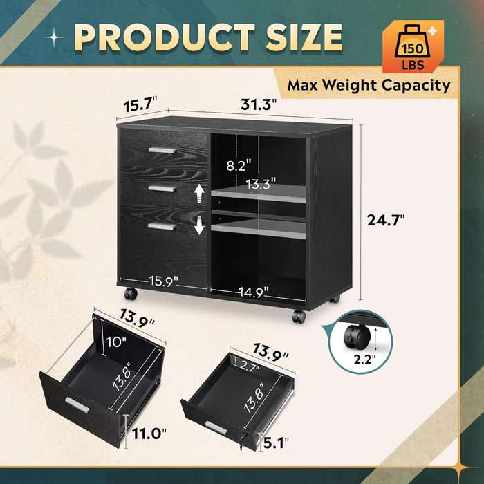 3 Drawer Mobile File Cabinet, Wood Lateral Filing Cabinet, Printer Stand with Open Shelves for Home Office, Black