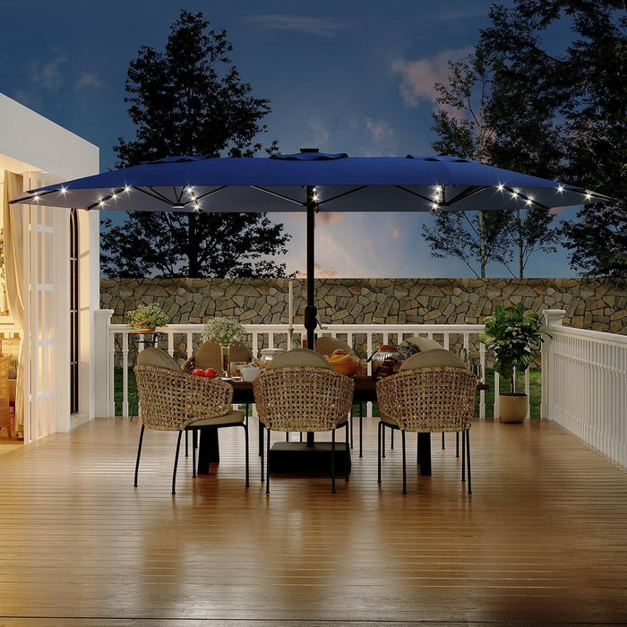 15FT Rectangular Outdoor Umbrella Patio Umbrella with Solar Lights & Base Included Large Market Umbrellas with Crank Handle UV Protection Table Umbrellas for Outdoor, Backyard, Deck, Navy Blue