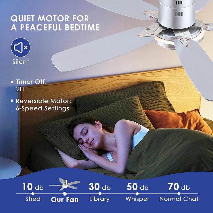 50 Inch Low Profile Ceiling Fans with Lights and Remote, Modern Brushed Nickel Flush Mount Ceiling Fan, 3CCT, Dimmable, Quiet DC Reversible Motor, for Bedroom Living Room Indoor/Outdoor Use