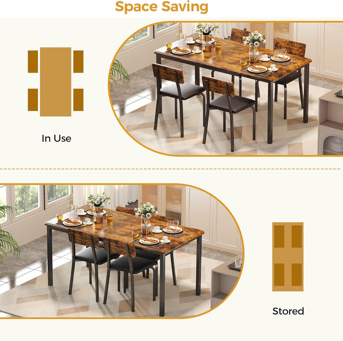 5-Piece 63" Extendable Dining Table with 4 Upholstered Chairs, Kitchen Table Set for 4-8 People, Dining Room Sets with MDF Wood Board, Drop Leaf Table Design for Space Saving, Rustic Brown