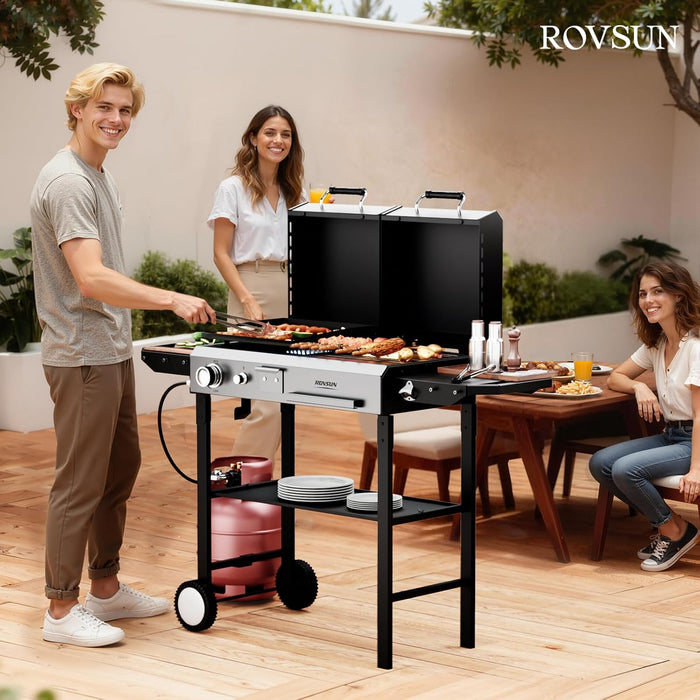 2-In-1 Propane Gas Grill and Charcoal Grill Combo with Lid, 12000BTU Flat Top Griddle & Charcoal BBQ Grill with Electronic Ignition, Enamel Griddle & Grate for Outdoor Backyard Cooking Barbecue