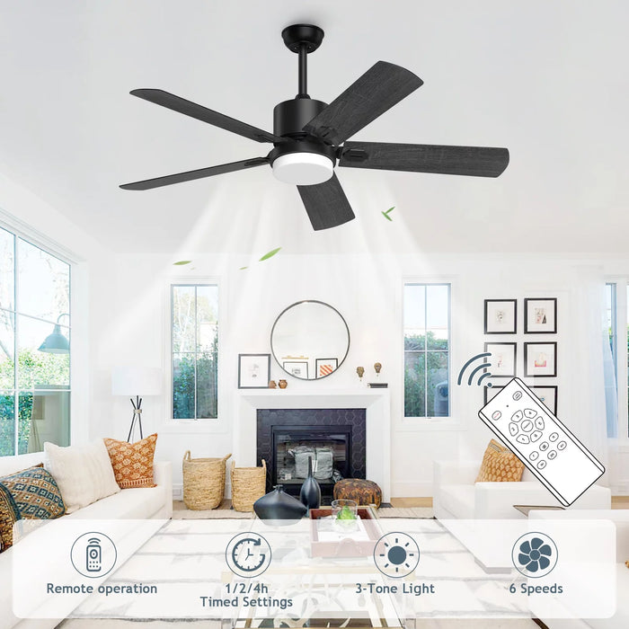 XAUJIX Ceiling Fan with Light and Remote Control, 52'' Black Ceiling Fan with Light, 6-Speed Reversible DC Motor, 5 Wood Fan Blades