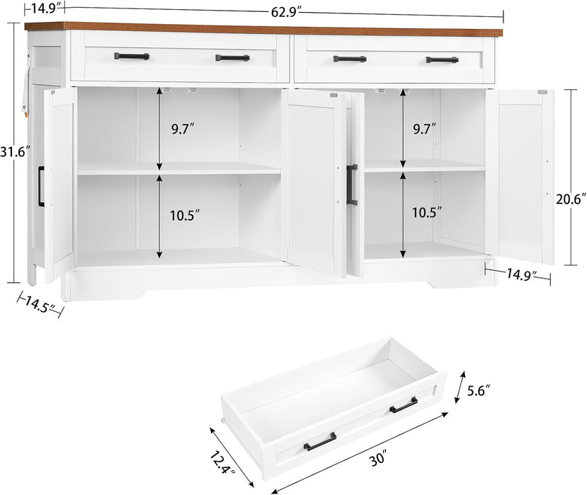 63" Buffet Cabinet with Storage, Large Sideboard Buffet Cabinet with 2 Adjustable Shelves and 4 Doors, Modern Farmhouse Coffee Bar for Kitchen, Living Room, White