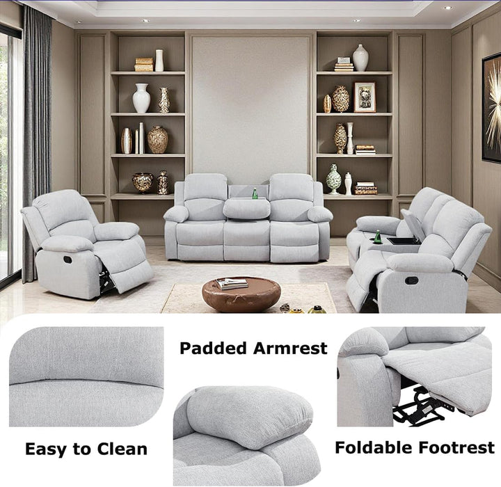 Manual Reclining Couch Sofa Set with Drop-Down Table, 3 Pieces Grey White Linen Recliner Couch Sets, Living Room Furniture Sets, Recliner Sofa with Storage Console/Cup Holder for Home