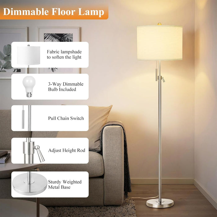 Brushed Nickel Floor Lamps for Living Room, 55"-67" Height Adjustable Modern Tall Lamp, 3-Way Dimmable Standing Lamp for Bedroom Office Reading Corner Home Decor, New House Warming Gifts