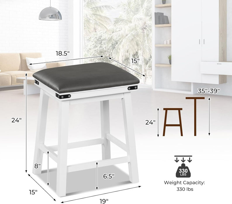 24" Counter Height Bar Stools Set of 2, Faux PU Leather Farmhouse Wood Barstools with Padded Seat, Solid Wood Frame, Max Load 330 Lbs, Saddle Stools for Kitchen Island Pub, White