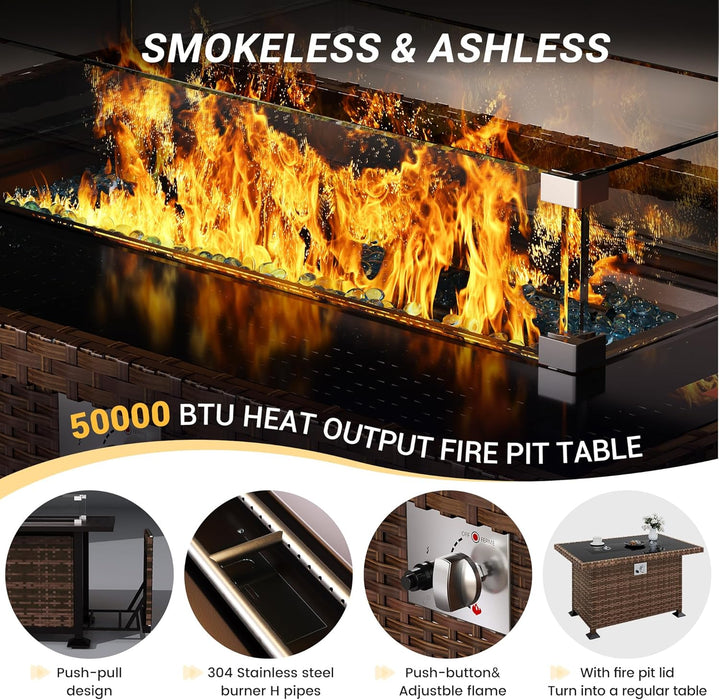 Outdoor Wicker Patio Furniture Set - 10 Pieces, Sectional Couch with Ottoman, Conversation Set with 44" Gas Fire Pit (Grey)