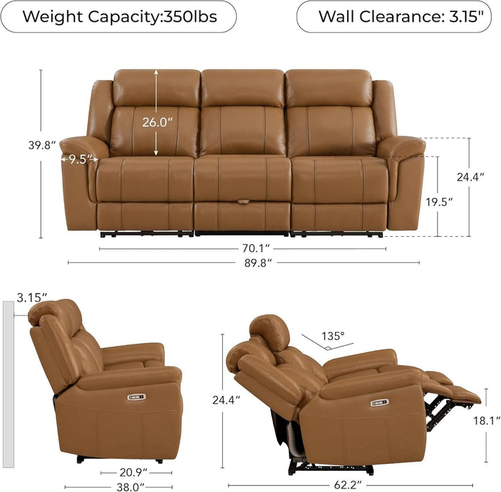 Genuine Leather Power Recliner Sofa, Wall Hugger Reclining Sofa with Drop down Table, Power Headrest, Drawers, Charging Ports, Reclining Sectional Couch for Living Room, RV, Saddle
