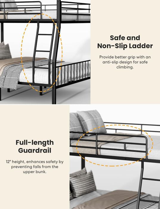 Full XL over Queen Bunk Beds for Adults, Heavy-Duty Metal Bunk Bed Frame with Non-Slip Ladder and Safety Full-Length Guardrails for Kids Teens Adults, Space-Saving, Black