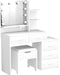 Vanity Desk with Mirror and 10 LED Bulbs, Makeup Vanity Set with Charging Station & Nightstand, 5 Drawers Large Capacity, 2 Open Shelves, Dressing Table with Storage Stool for Bedroom, White