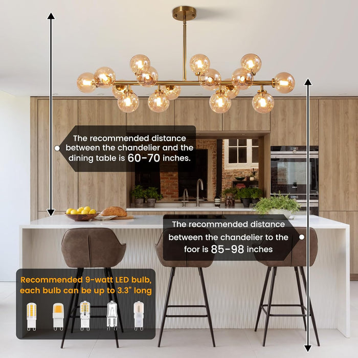 Gold Rectangular Chandelier With Amber Glass Globe