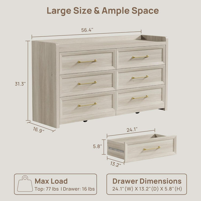 6 Drawer Dresser for Bedroom-56.4" Extra-Wide Wooden Chest of Drawers with Large Storage, Long Dresser TV Stand with Drawers, Farmhouse Closet Dressers for Nursery Living Room, Grey White Oak