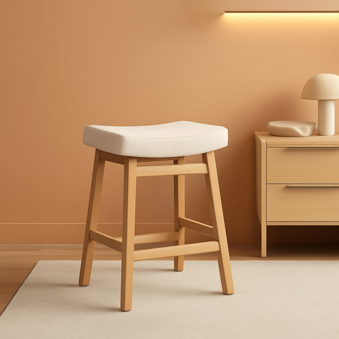 Bar Stools Set of 3, Barstools with Sturdy Wood Legs, Saddle Seat Counter Height Bar Stools for Kitchen Counter, Bar, Dining, 24 Inch Farmhouse Counter Stools, Beige