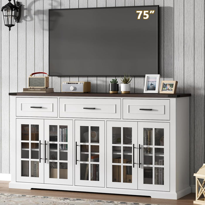 63" Sideboard Buffet Cabinet with Glass Doors, Farmhouse Large Buffet Table with 3 Storage Drawers, Modern Coffee Bar Wine Bar Cabinet with Adjustable Shelves for Kitchen, Dining Room, White